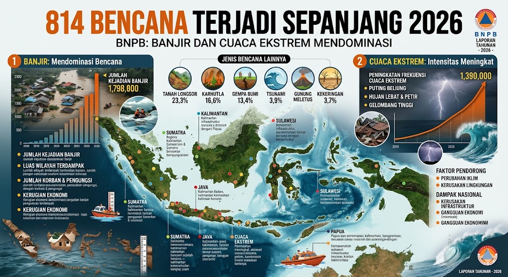 814 Bencana Terjadi Sepanjang 2026, BNPB: Banjir dan Cuaca Ekstrem Mendominasi